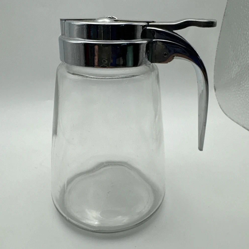 Vintage Style Chrome Top Glass Syrup Pitcher Resturant Style